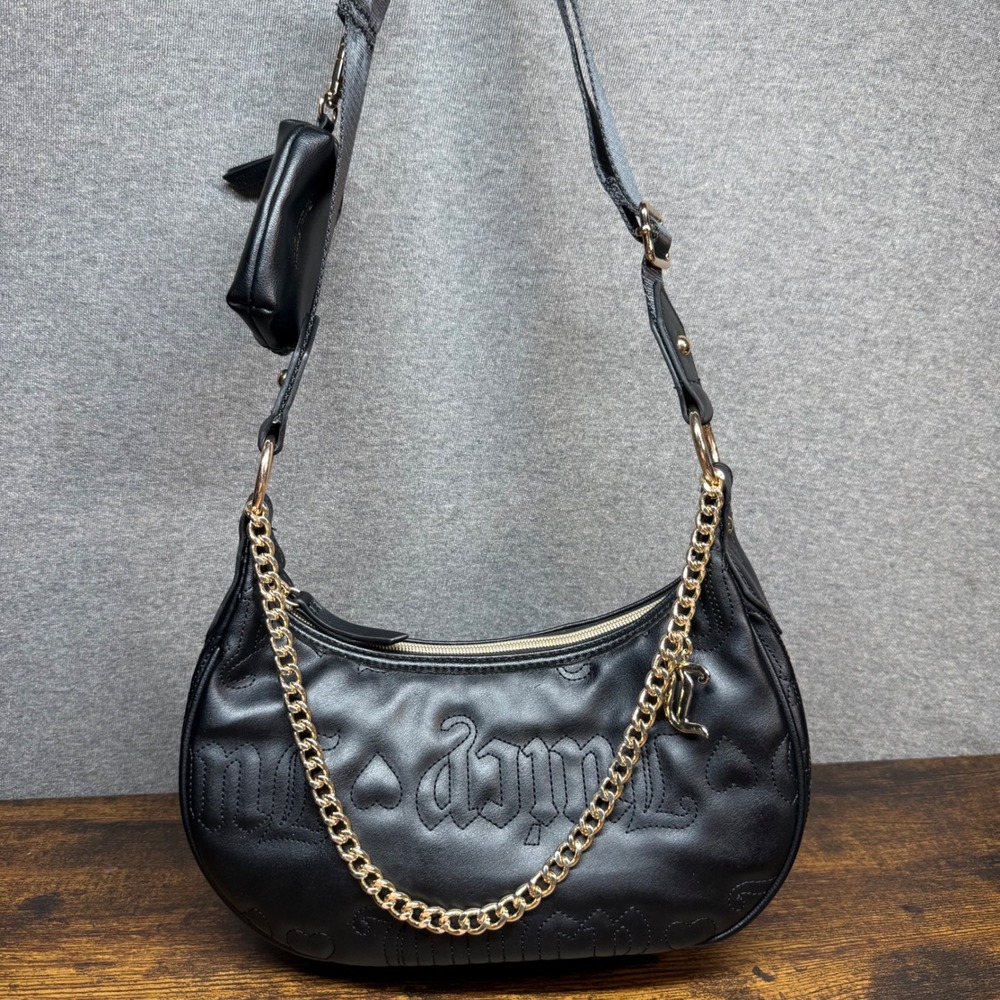 Juicy Couture Black Embossed Logo Crescent Crossbody Bag with Chain and Pouch
